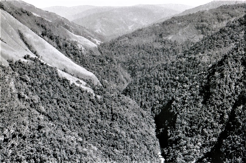 A black and white photo of a valley in PNG